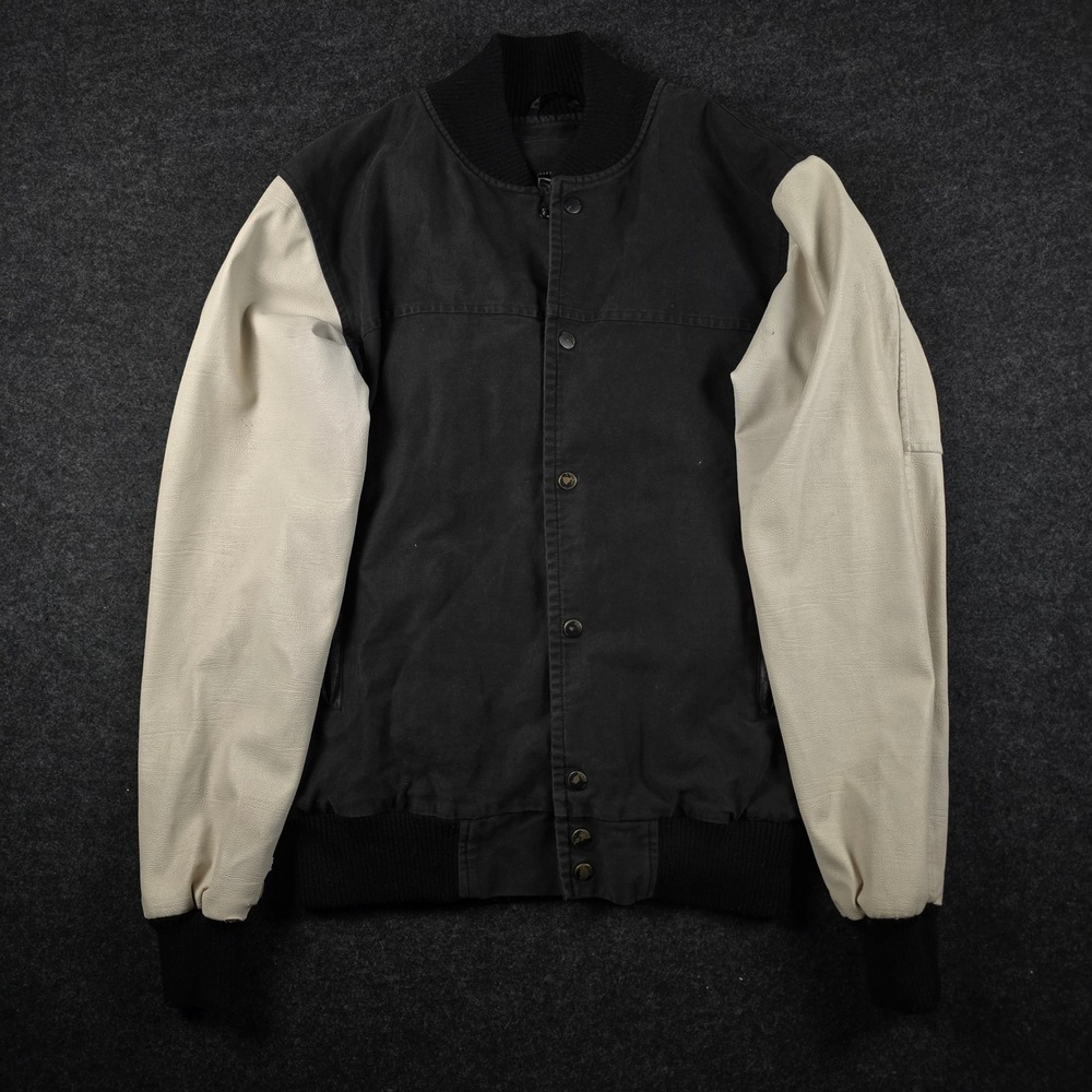 KR3W Men's Black Varsity Bomber Jacket Faux Leather Sleeves Canvas Size L